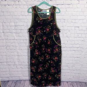 Erika & Co. Womens VTG Corduroy Midi Floral Overall Jumper Dress Black Green M